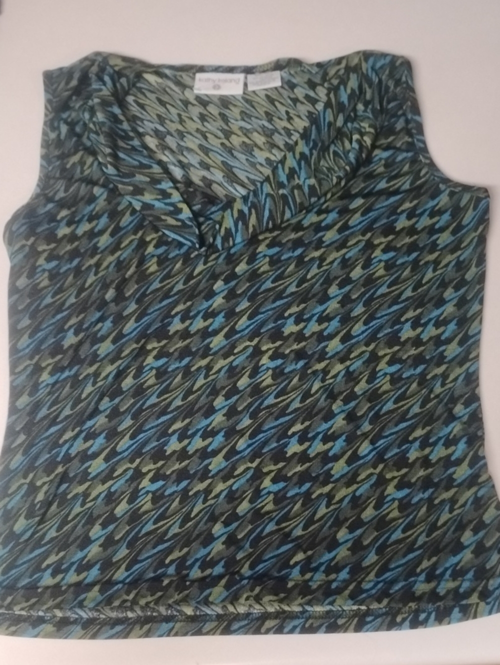 kathy ireland Sleeveless V-Neck Camisole in Blue and Green Houndstooth Print